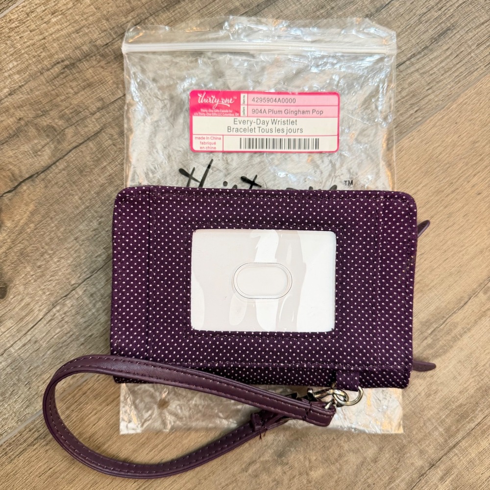 NEW Thirty-One Every-Day Wristlet Plum Gingham Pop Polka Dot Wallet Purse Girls